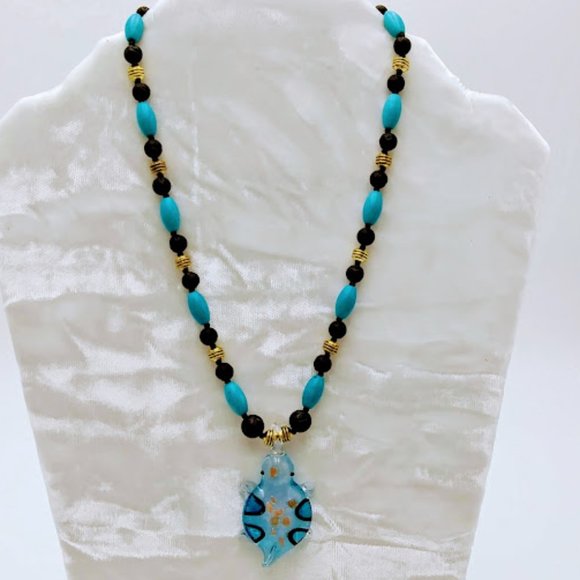 TURTLE*DICHROIC BLUE ART GLASS PENDANT*LAVA STONE*NECKLACE*TRENDY*HANDCRAFTED - Picture 7 of 7